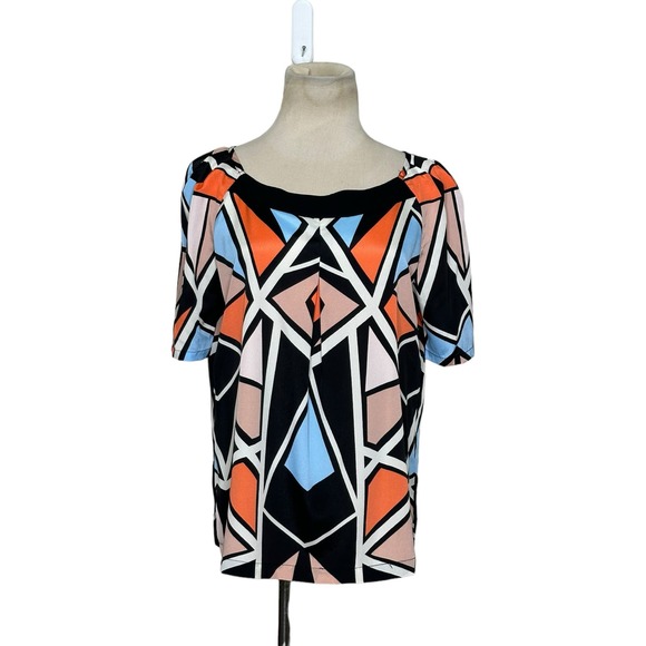 Glam black pink geometric print short sleeves blouse size Medium - Picture 5 of 8